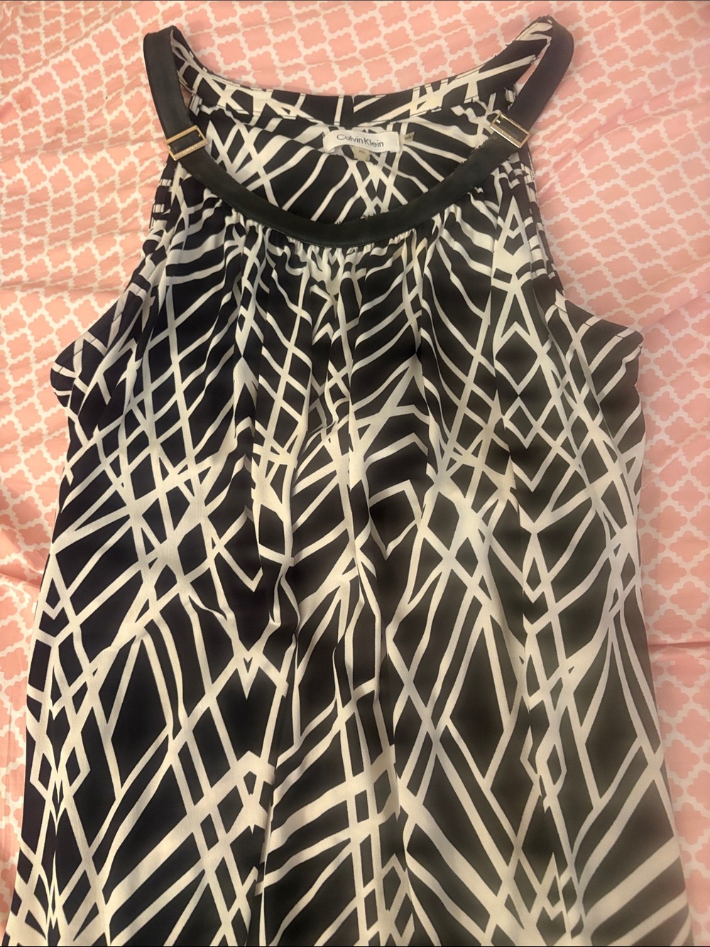 Calvin Klein Black & White One-Shoulder Geometric Dress